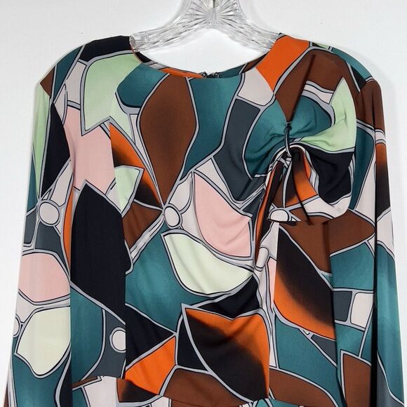 Diane Von Furstenberg Silk Mini Dress Sz 12 Multicolor Shoulder Bow Long Sleeve - Picture 3 of 14